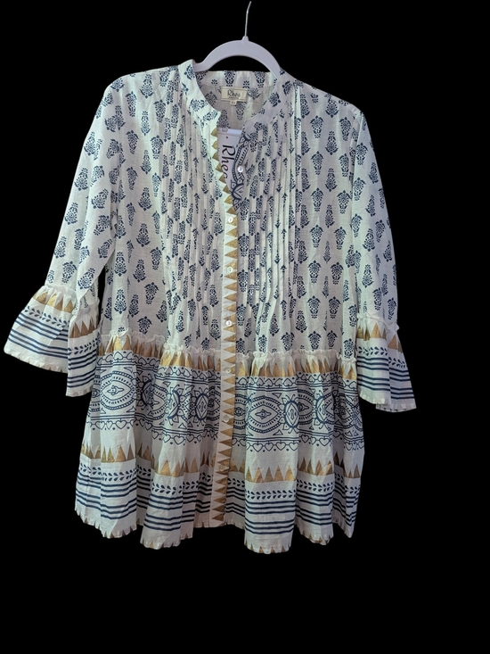 Rhea Not Costa Tops - White & Navy Printed Tunic Blouse with Gold Trim. Size S/M